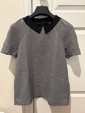 Zara Black & White Houndstooth Short Sleeve Top with Peter Pan Collar